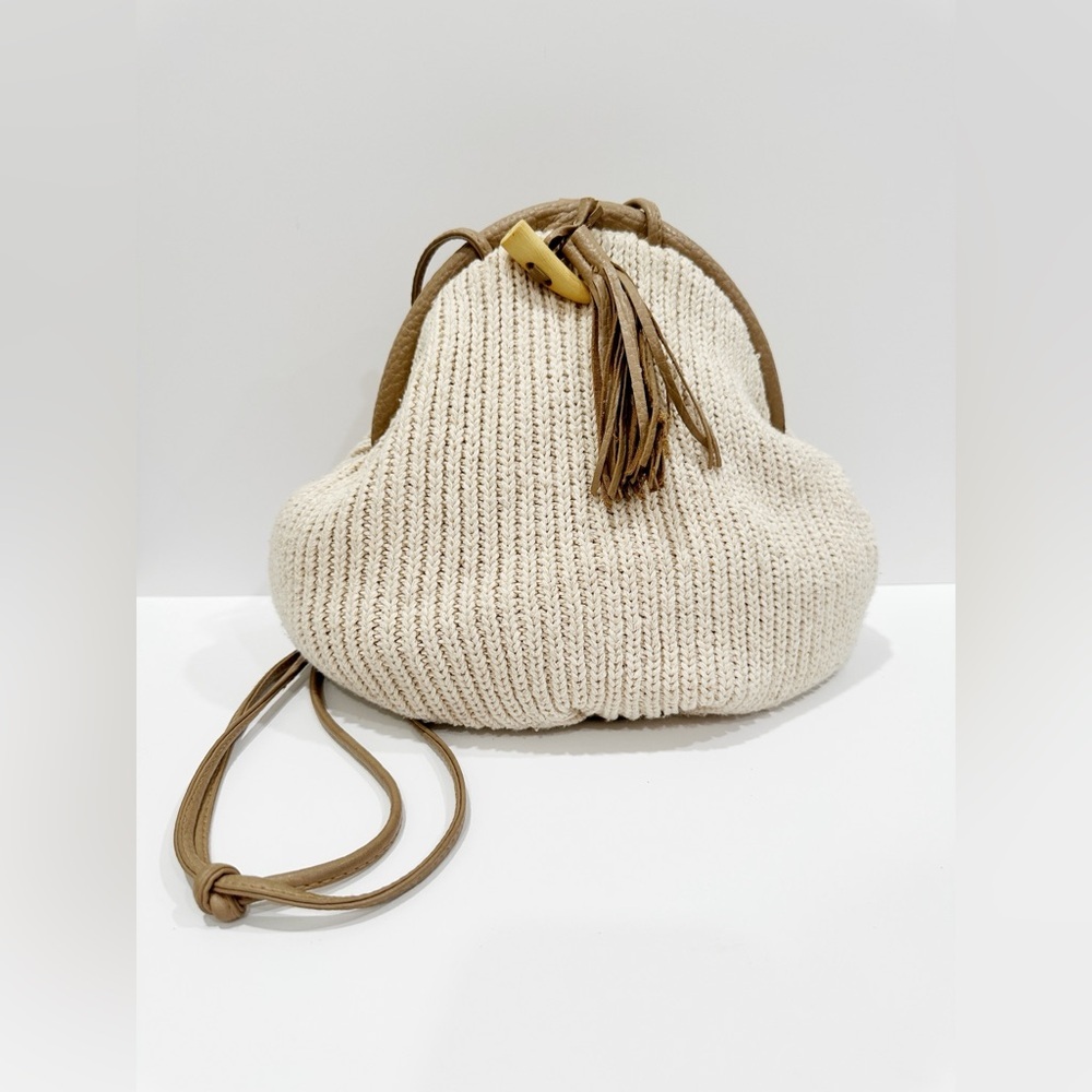 Vintage Sweater Knit Purse With Faux Leather Trim & Strap